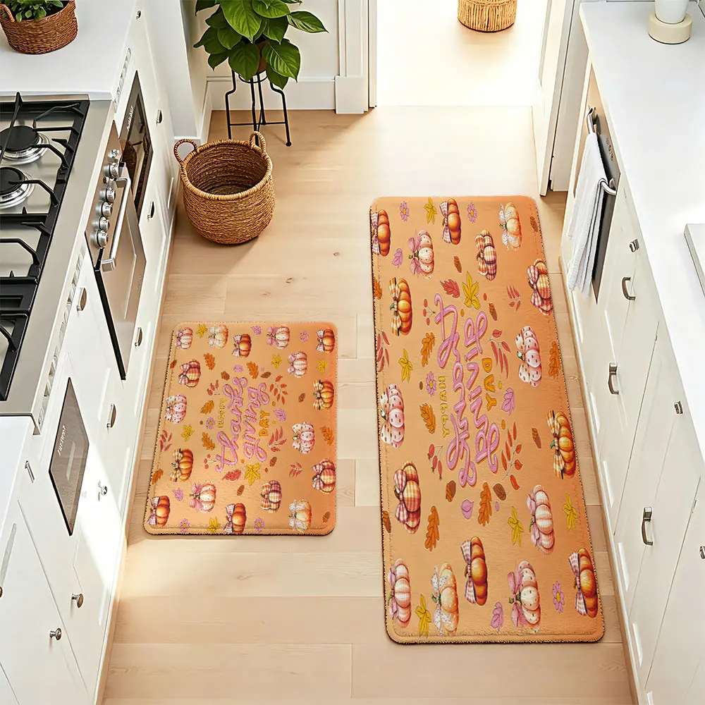 2pcs Thanksgiving Pumpkin Leaf Print Anti Slip Kitchen Floor Mat Leaf Dot Plastic Foot Mat Fashionable Kitchen Decoration Carpet