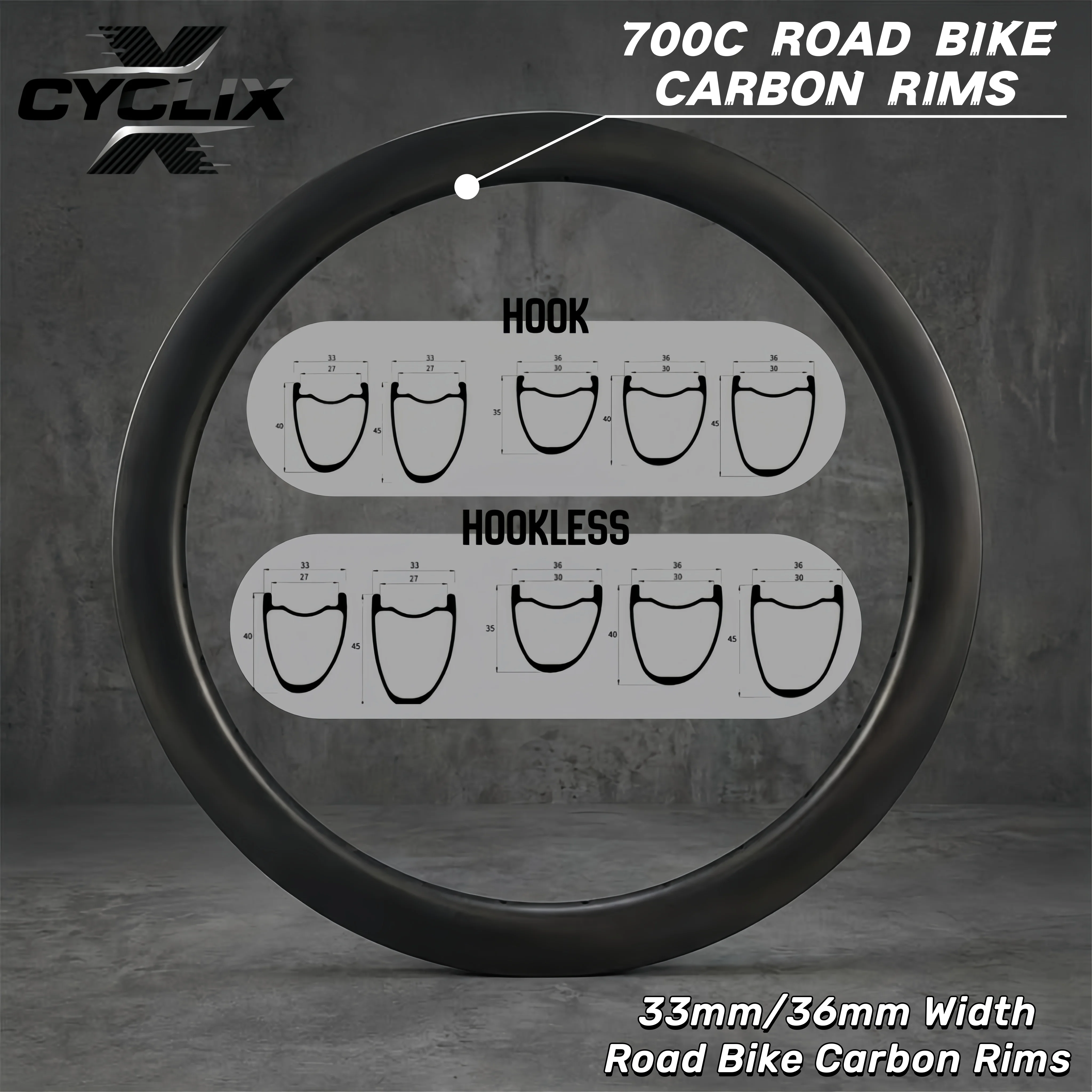

Carbon Road Bike Carbon Rim 700c 33mm 36mm Width Rim 35/40/45mm Depth Gravel Bicycle Disc Tubeless Clincher Wheel Hookless Hook