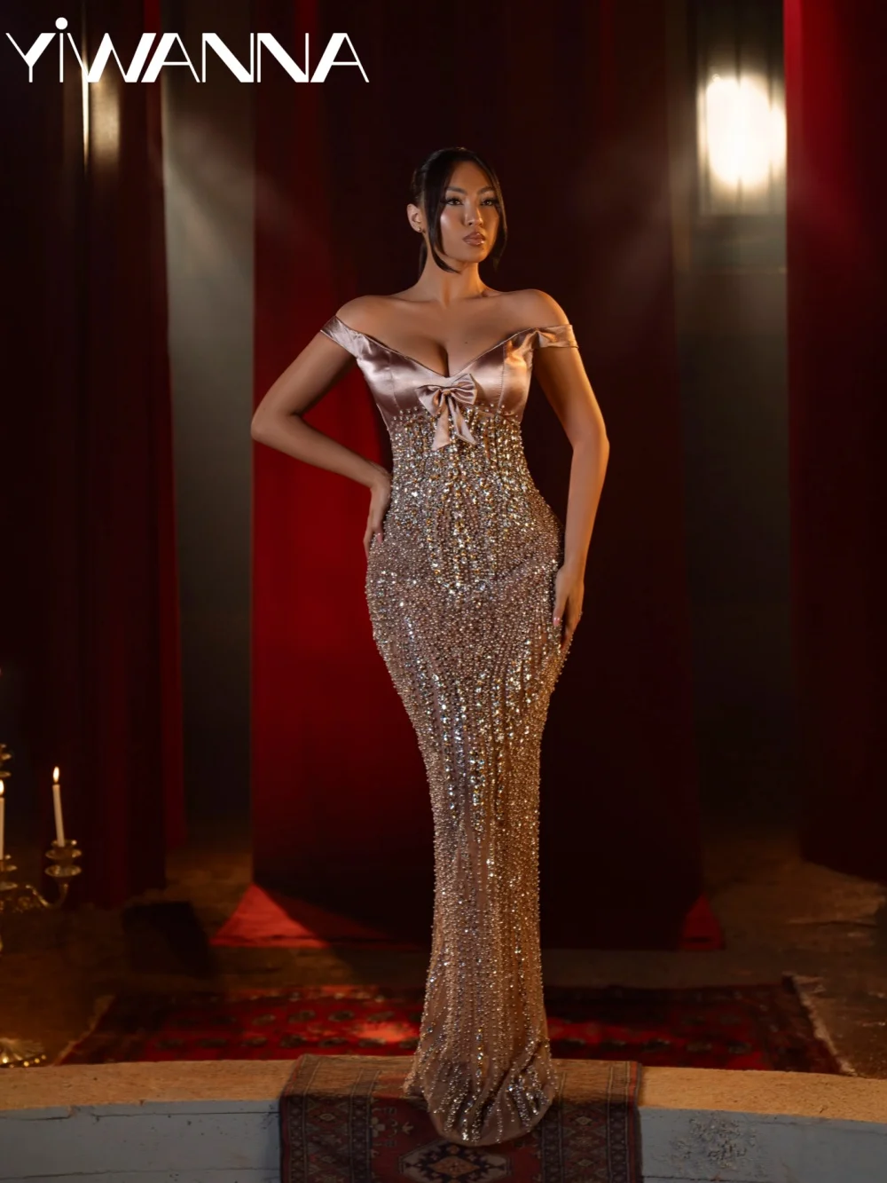 

Shimmering Opulent Crystal Evening Dress Off Shoulder Straight Long Prom Dresses Customized Stunning Pearls Wedding Party Gown