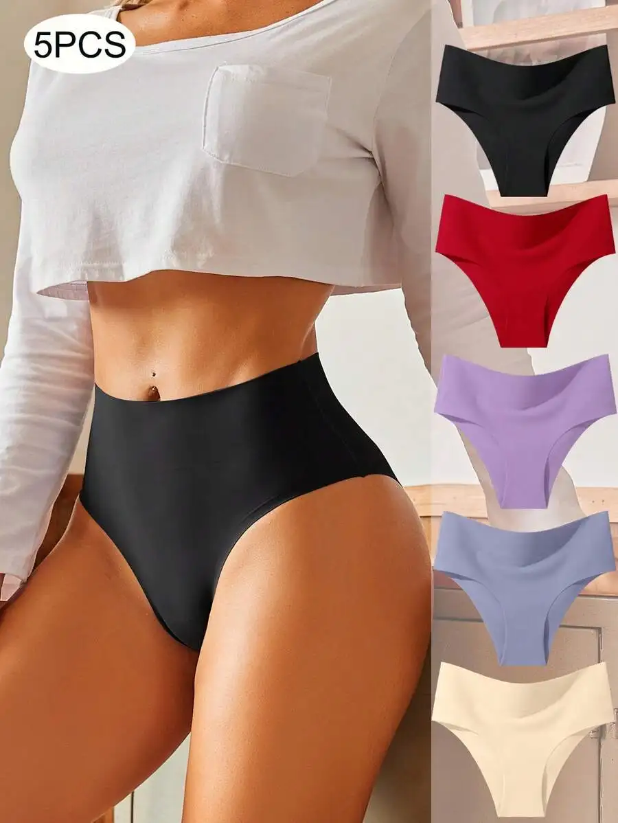 

5 Pcs Women Solid Seamless High Waist Brief Panties With Wider Waistband