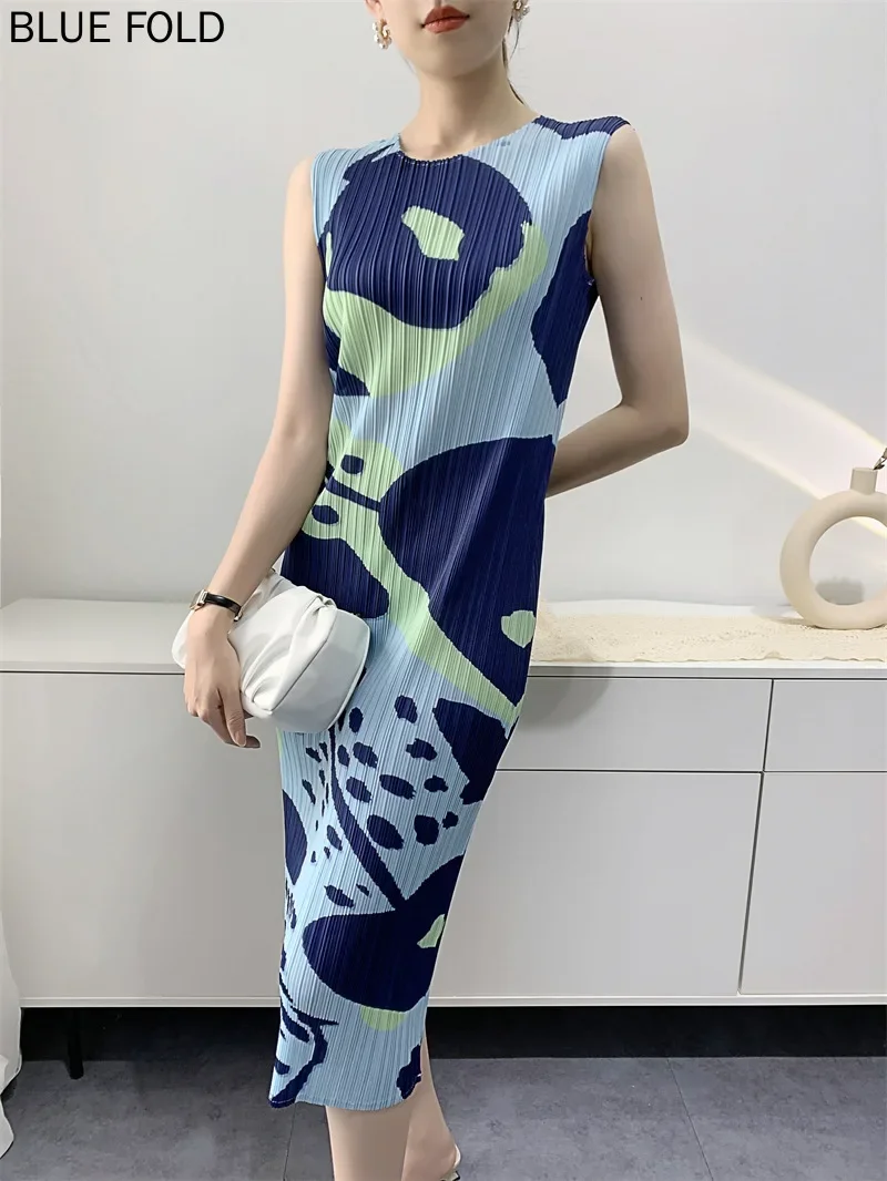 Miyake Pleated Dress Women's  Summer New Digital Printing Vest Pleats Long Dresses Ropa Mujer Korean Dress Vestidos Robe