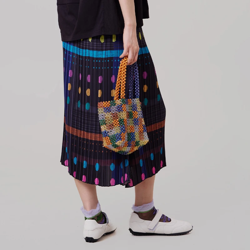 MOVEUP Casual A-Line Skirt 2026 Autumn New Elastic Waist Contrast Color Polka Dot Print Slit Personality Pleated Skirt 3ELX20603