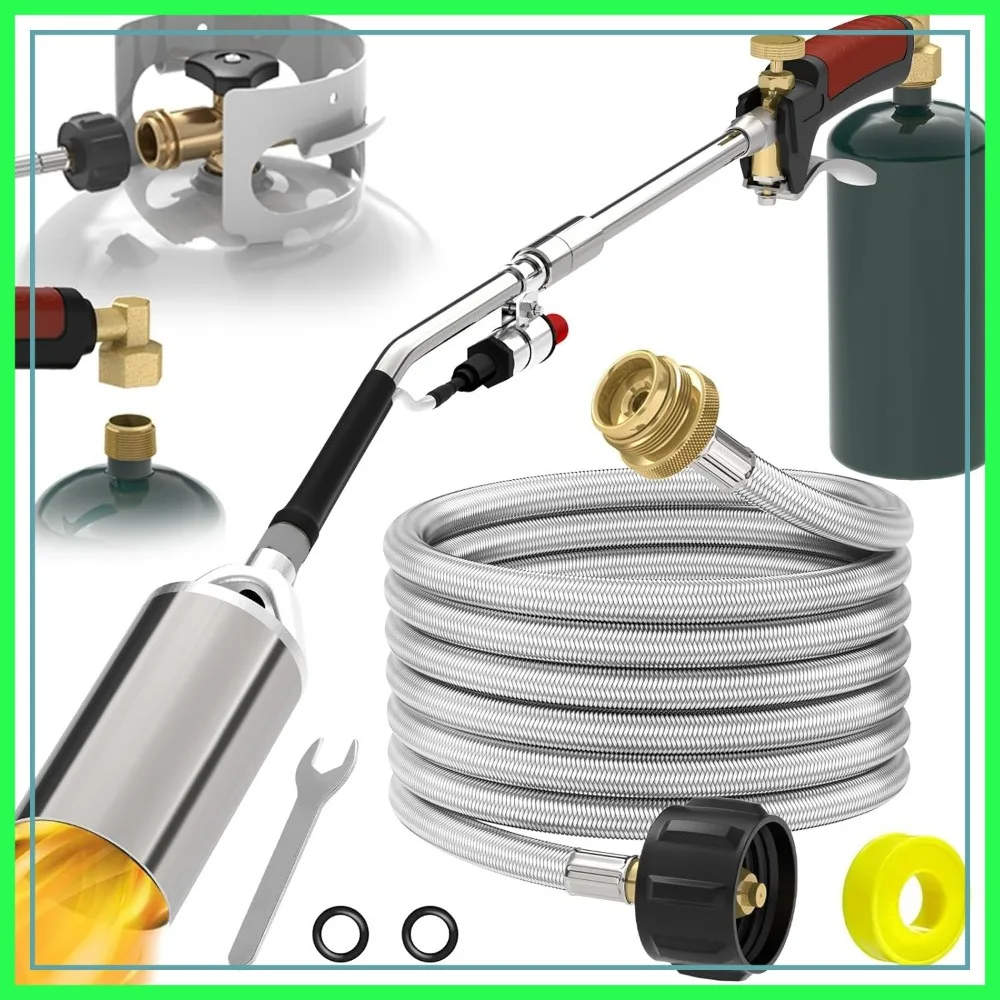 

Propane Torch Weeds Burner Kit, High BTU Blow Torch with 1lb Converter & 10FT Braided Hose, Heavy Duty Flamethrower with Turbo Trigger for Weeding, Roofing, Melting Ice/Snow