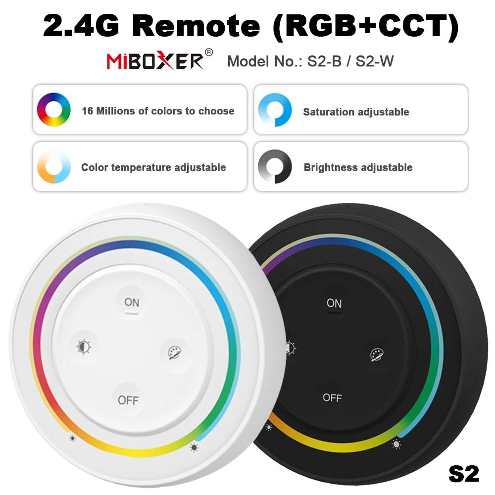 Miboxer S2 2.4GHz RGB+CCT Rainbow Remote Round Remote LED Light/Bulb/Controller Brightness Dimming Switch