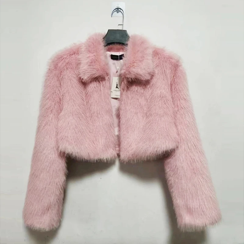 Winter Warm Short Cut Faux Fur Coats Women Long Sleeves Turn Down Collar Sweet Girls Pink Faux Fur Coat Wedding Fur Cape Jackets