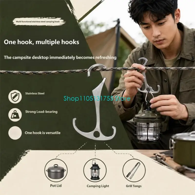 K0EF Tent Cord Utility Hook Metal Camp Accessory with Middle Hole for Small Cookware, Bagged Items, and Daily Cooking Area