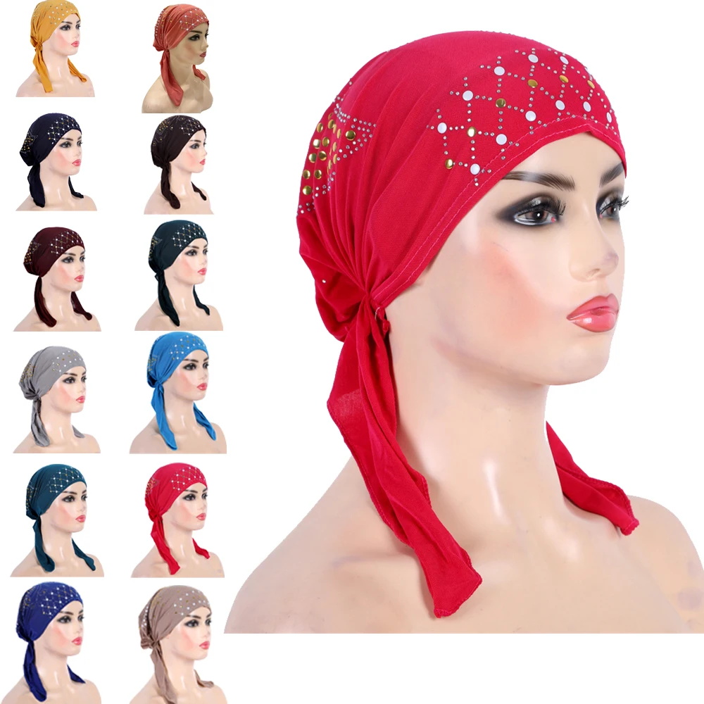 Muslim Hijab Islamic Amira Inner Caps Hats Fashion Women Rhinestone Bandage Inner Hijab Caps Underscarf Hats Arab Scarf Headwear