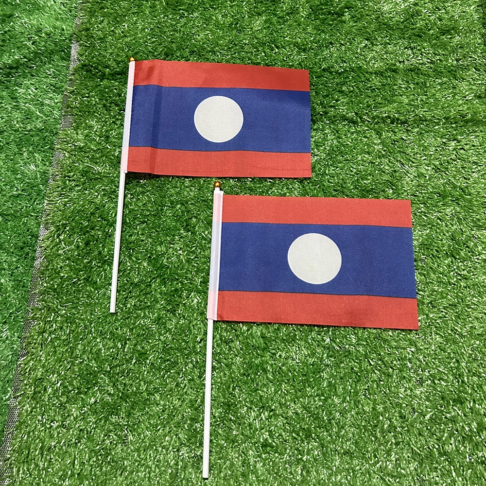 Bandera de Laos de Mano 21*14cm, Banderas de Laos para Agitar con Asta de Plástico para Actividades Deportivas y Decoración del Hogar