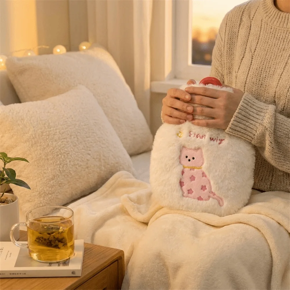 Cute Handheld Warm Water Bag Kitten Embroidery Hand Warmers Hot Compress Leak-proof Water-filling Bottle Female