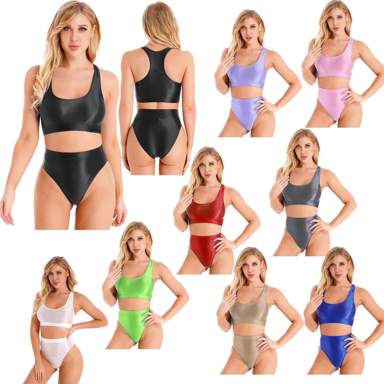 Women Oil Glossy Fitness Swimming Suit Swimsuit Swimwear Solid Color Yoga Sportwear Underwear Stretchy Casual Bodycon Outfits