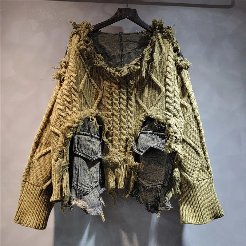 

Women Sweater Denim Spliced Knit Pullovers Irregular Loose Tassels Jumpers Patchwork Casual Spliced Sweaters Streetwear Winter