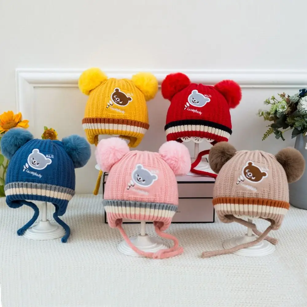 1-3Year Windproof Solid Color Baby Knitted Hat Soft Plush Ball Winter Hat Cartoon Cute Children Warm Cap Boys Girls