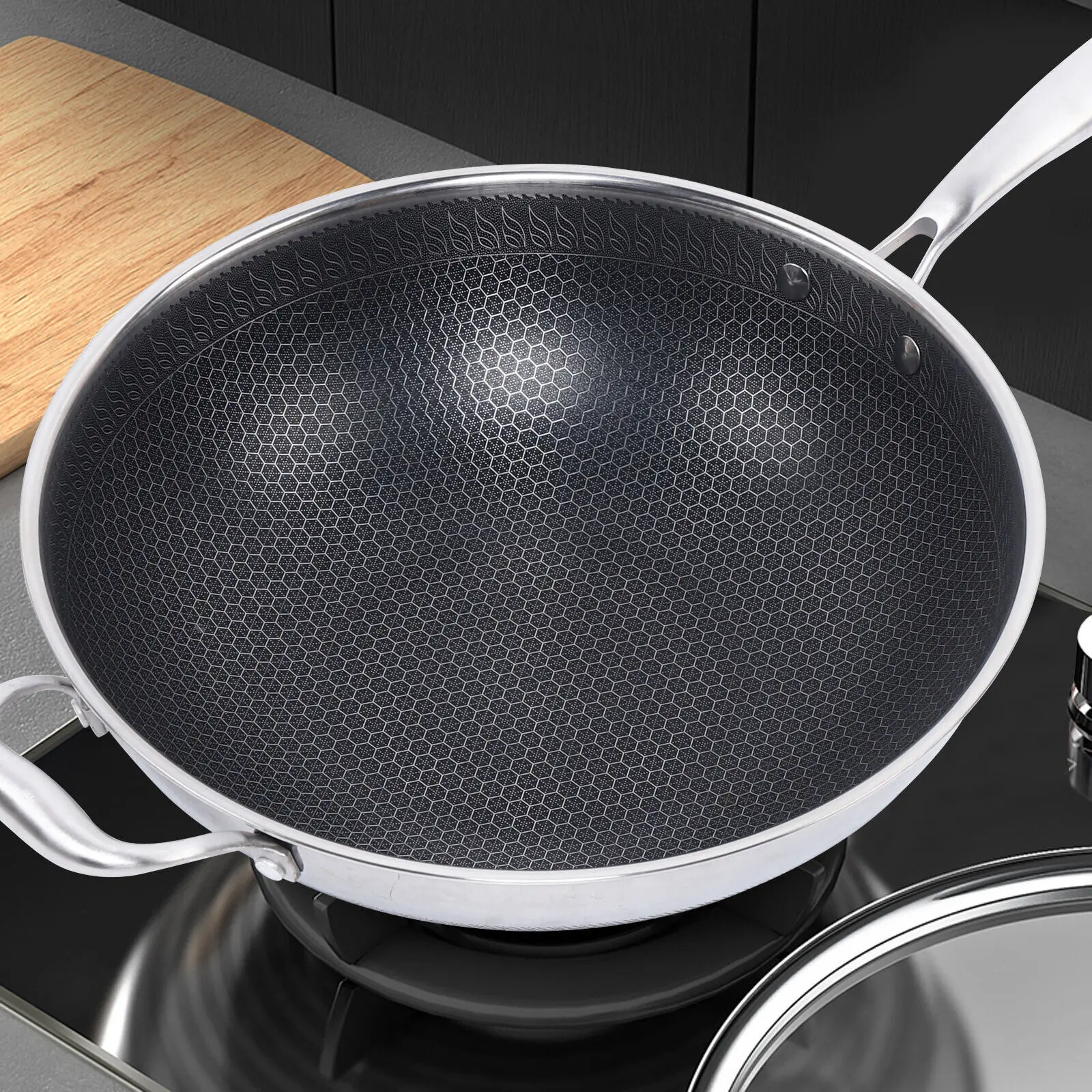 Non Stick Double Sided Screen Honeycomb Wok Stainless Steel Kitchen Frying Pan