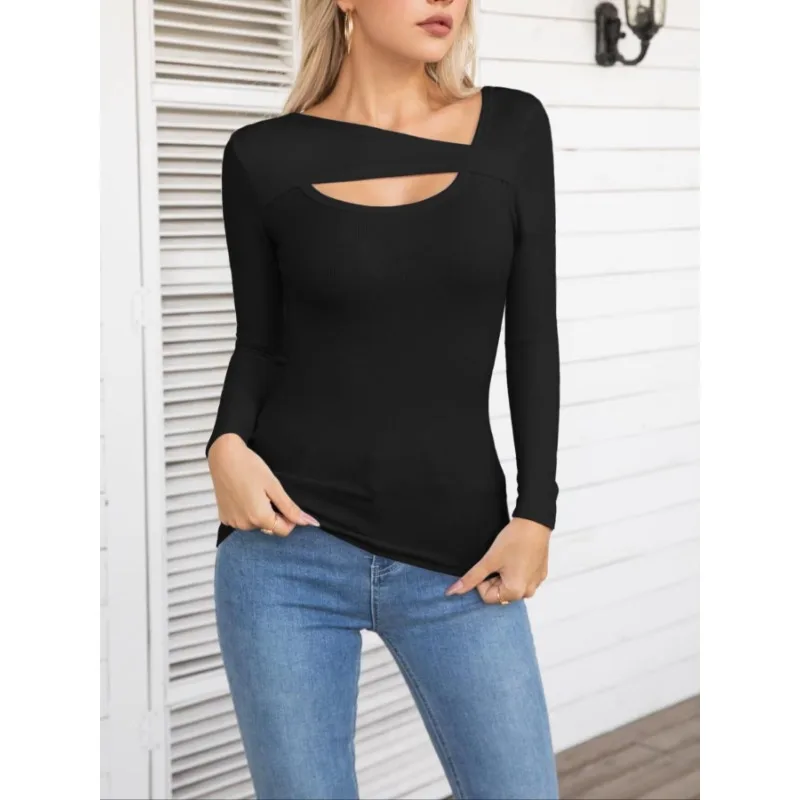 Plus size 1xl-5xl nova moda feminina casual gola irregular design oco casual manga comprida camiseta