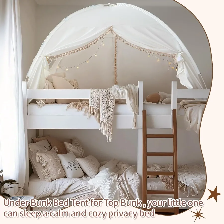 Namiot na łóżko pojedyncze do zabawy w domku księżniczki w pomieszczeniach, na łóżko piętrowe, biały, w stylu bohemy, z frędzlami, baldachim zapewniający prywatność dla dziewczynek i chłopców, rozmiar pojedynczy.