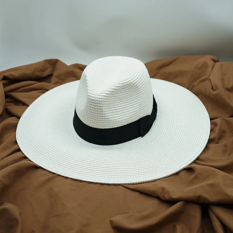 White Panama Hats Black Summer Hats for Women Straw Fedora Church Hat Ladies 12.5cm Wide Brim Beach Hat Outdoor Holiday SunHat