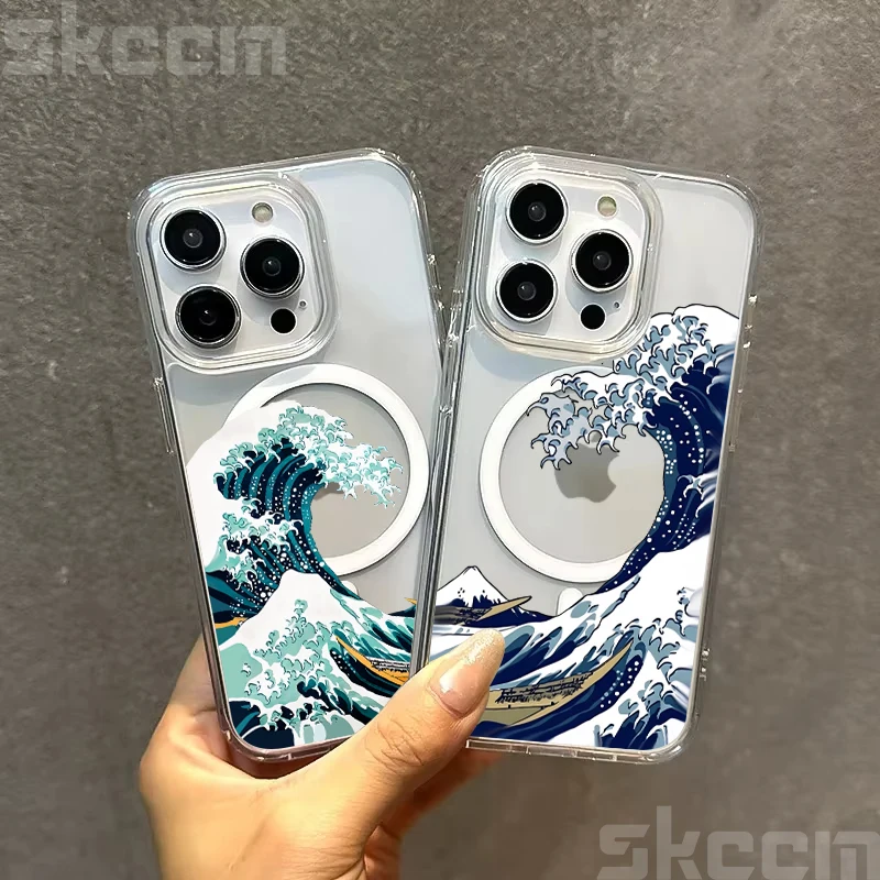 La gran ola de Kanagawa para funda de teléfono con carga inalámbrica Magsafe magnética para iPhone 16 15 14 13 12 11 Pro Max X XR XS
