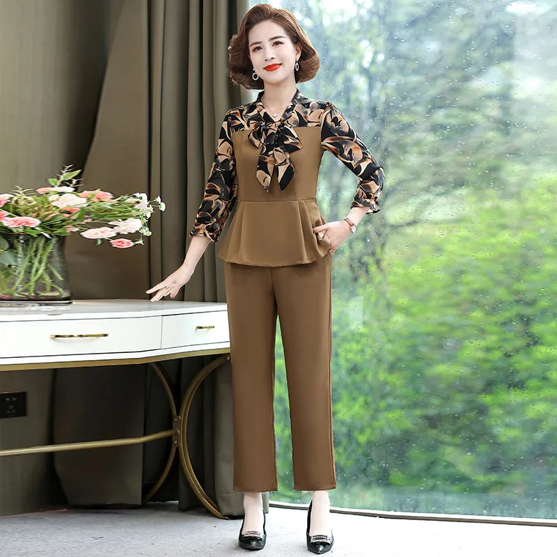 

Elegant 2 Piece Set Women Outfits Spring Korean spliced Long Sleeve Bow neck Blouse Top And Pants Suit Conjunto Femenino