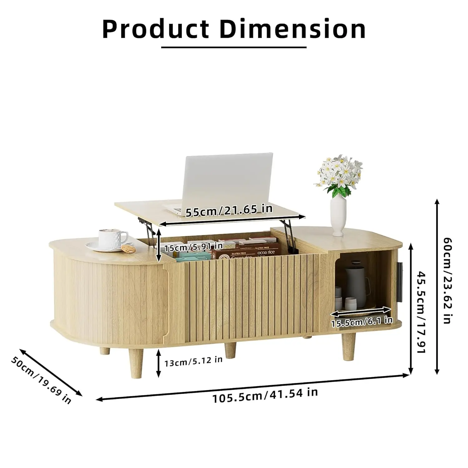طاولة قهوة بيضاوية قابلة للرفع، طاولة مركزية حديثة لمنتصف القرن مع 3 حجرات مخفية، طاولات قهوة مع رف تخزين مفتوح و