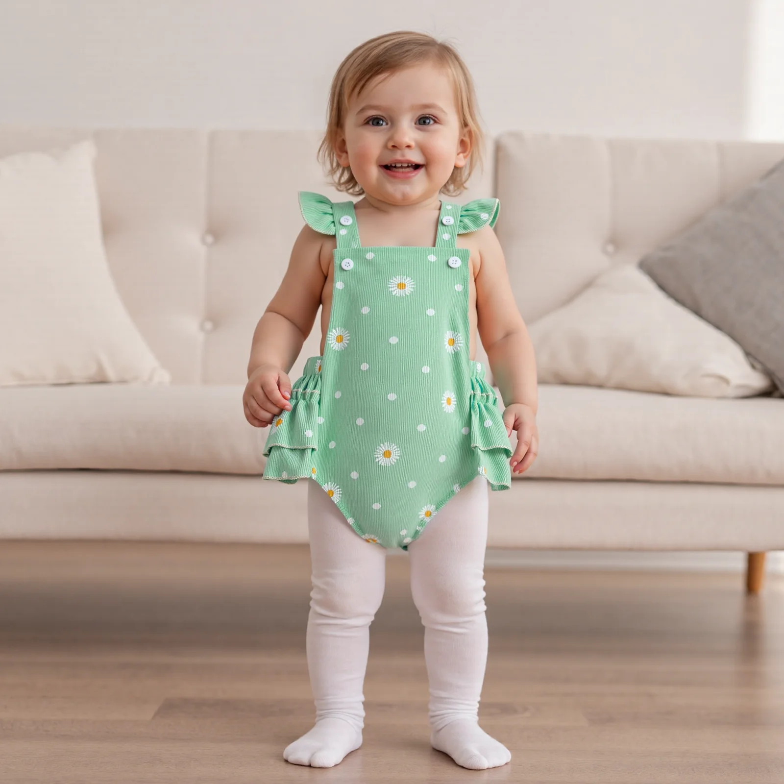 طفلة الخريف الملابس أزياء ديزي دوت طباعة أكمام ساحة طوق رومبير اللباس