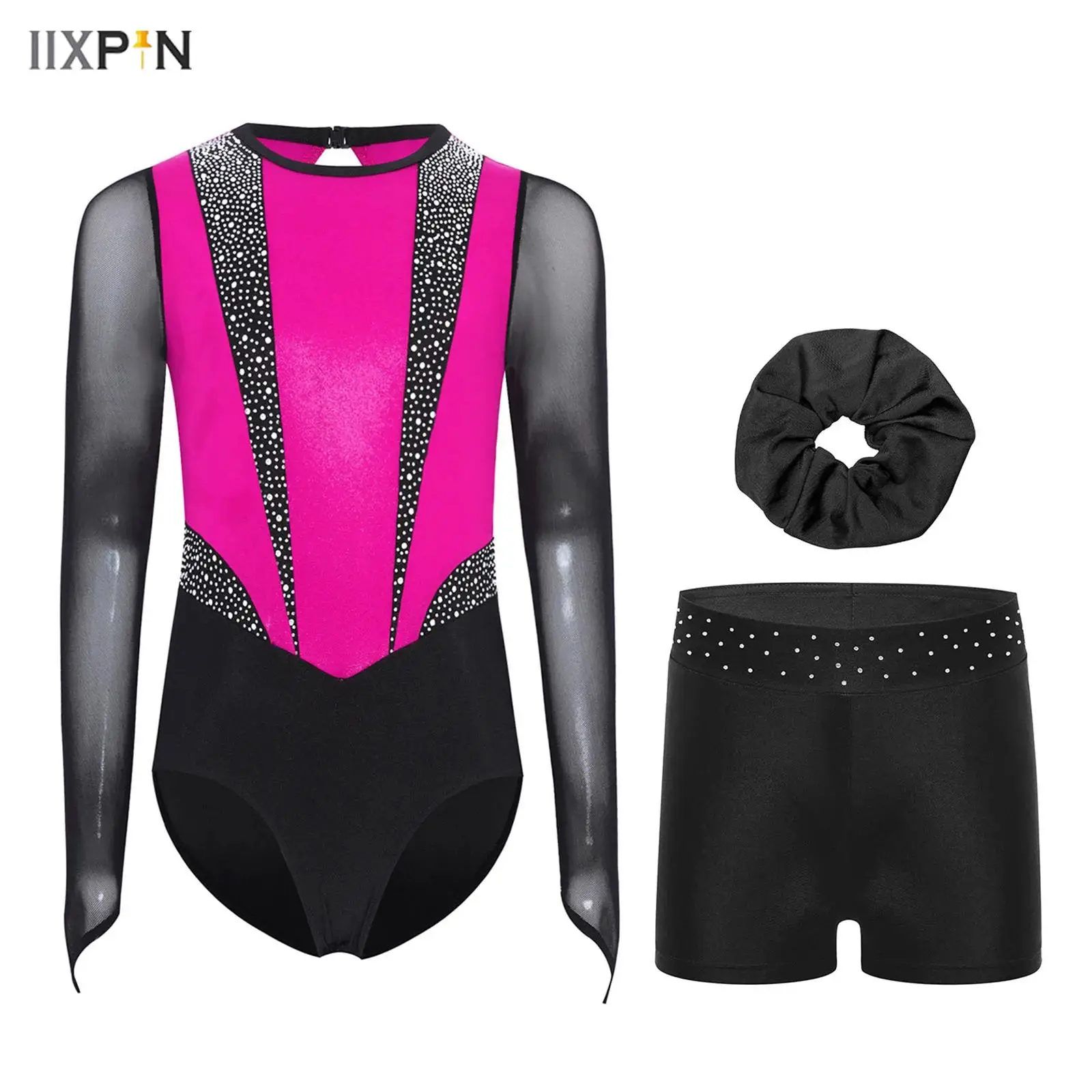 

Kids Girls Gymnastics Figure Skating Ballet Dance Leotard Long Sleeves Sparkly Rhinestones Metallic Bodysuit+Shorts+Headwear Set