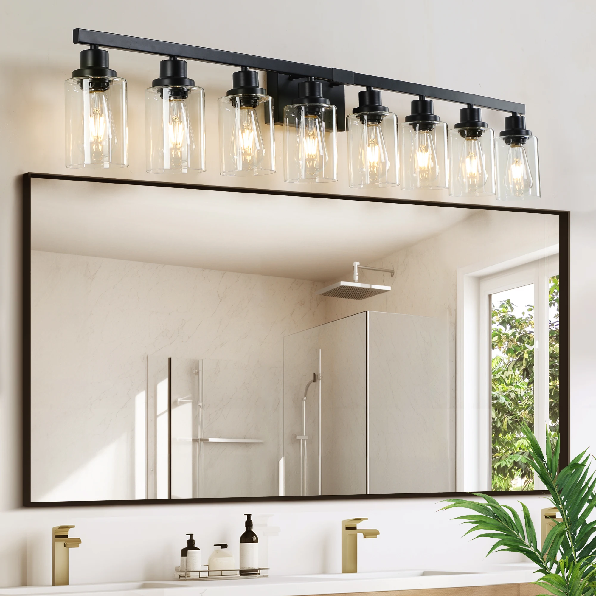 8-Light Bathroom Vanity Light Industrial Metal Fixture with Clear Glass Shades Wall Mount Mirror Lighting for Bathroom (No Bulb)