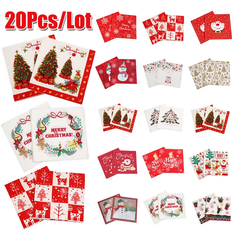 20Pcs Merry Christmas Napkin Santa Claus Snowman Table Napkin Xmas Disposable Tableware Christmas Decorations For Home Navidad