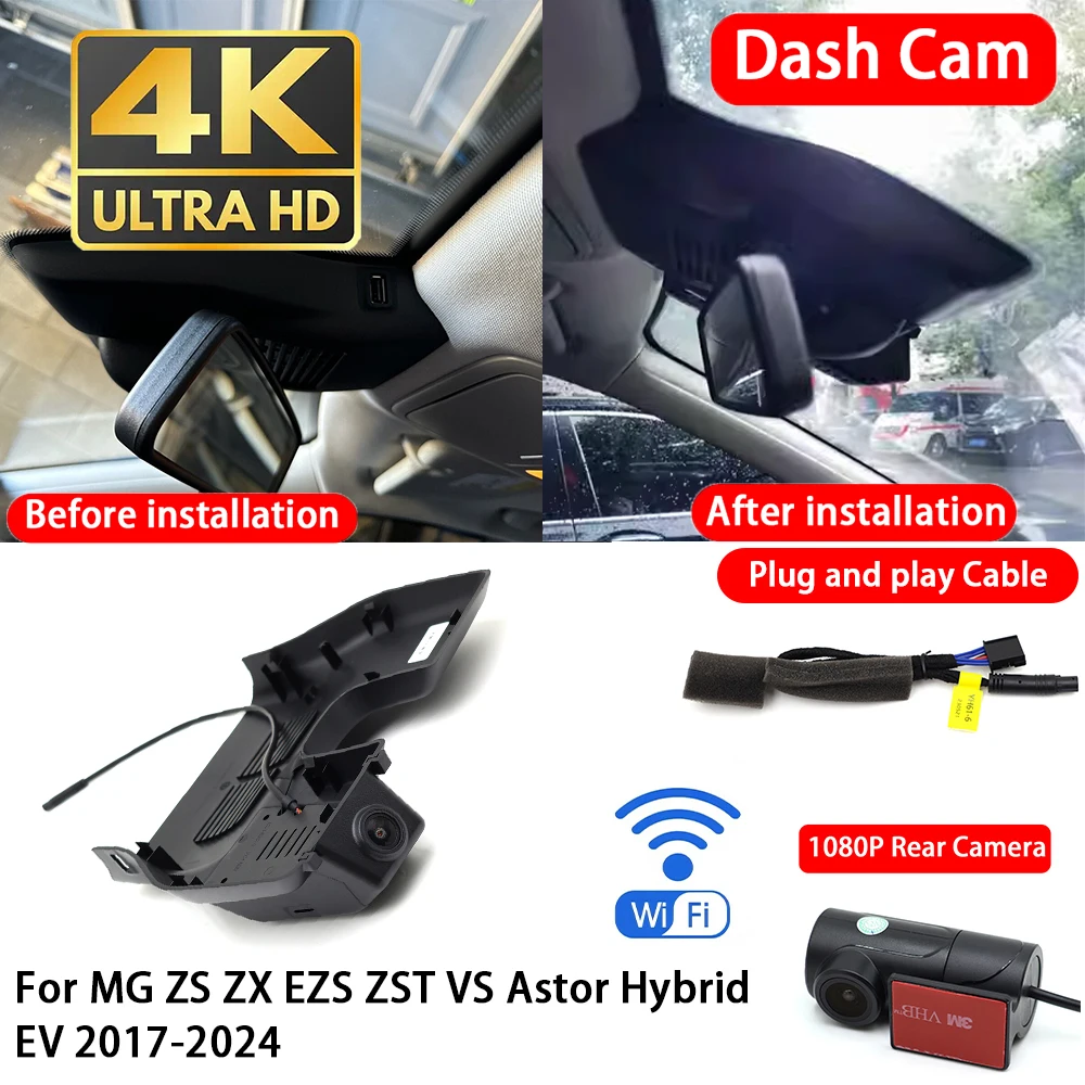 Cámara para Auto MG ZS ZX EZS ZST VS Astor Híbrido EV 2017-2024, 4K 2160P, Cámara Delantera y Trasera, DVR, Wifi, Plug & Play, Grabadora de Video