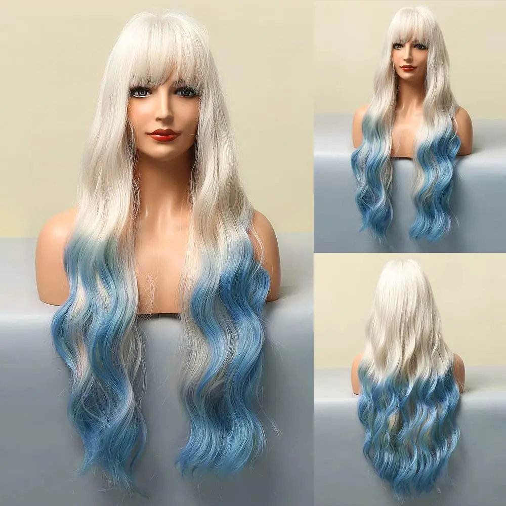 Synthetic Ombre Blue Wig with Bangs Long Ombre Blue Wigs for White Women Long Wavy Wig Heat Resistant Wigs