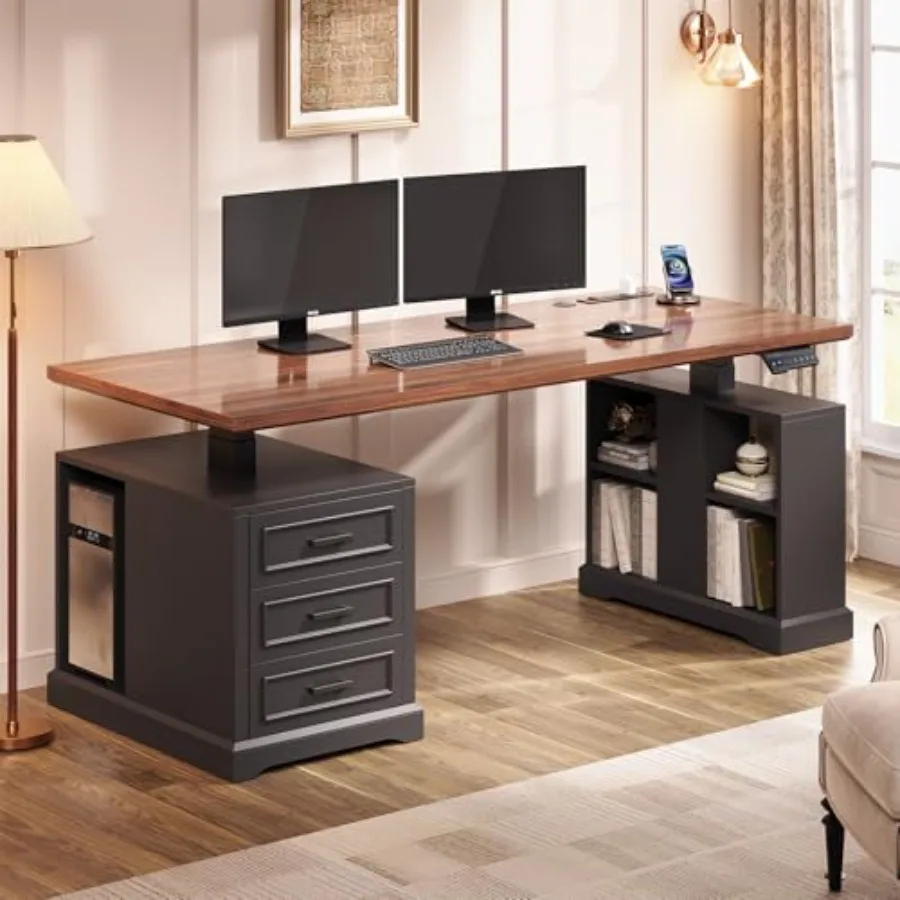 63 Farmhouse Electric Standing Desk with 3 Drawers and Storage Shelves, Solid Wood, White, Height-Adjustable Cable Management