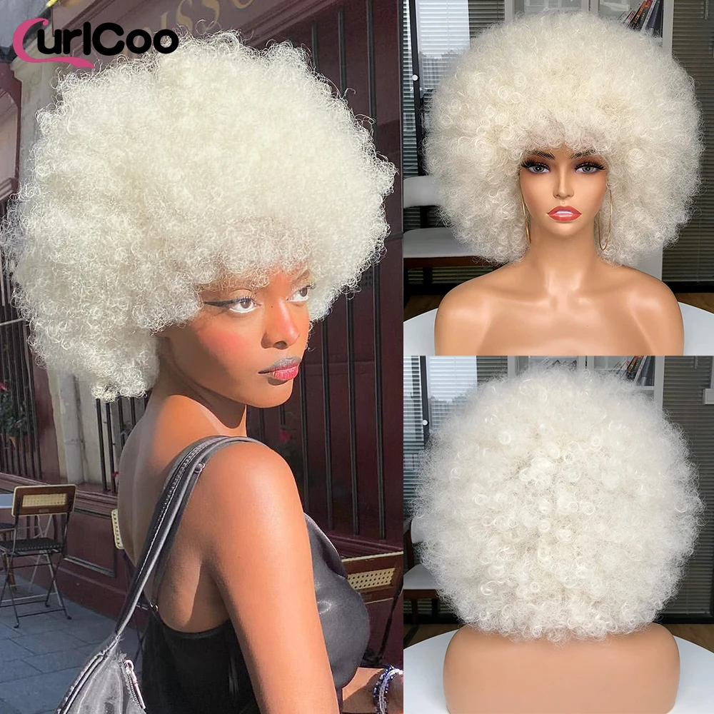 Afro Kinky Curly Wigs With Bangs For Women Short Synthetic Hair Wigs Omber Blue blackpink Cosplay Wig High Temperature