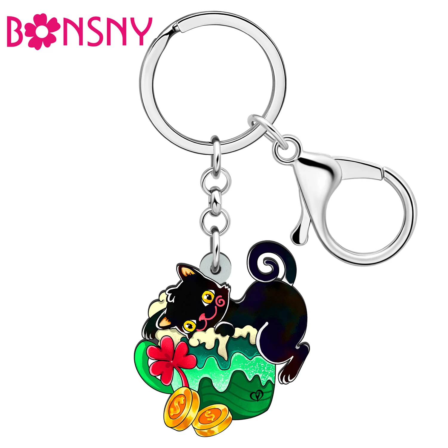 Bonsny Acrylic St Patricks Day Green Cat Keychains Animals Wallets Charm Decorations Key Chains Keyring For Women Teens Jewelry