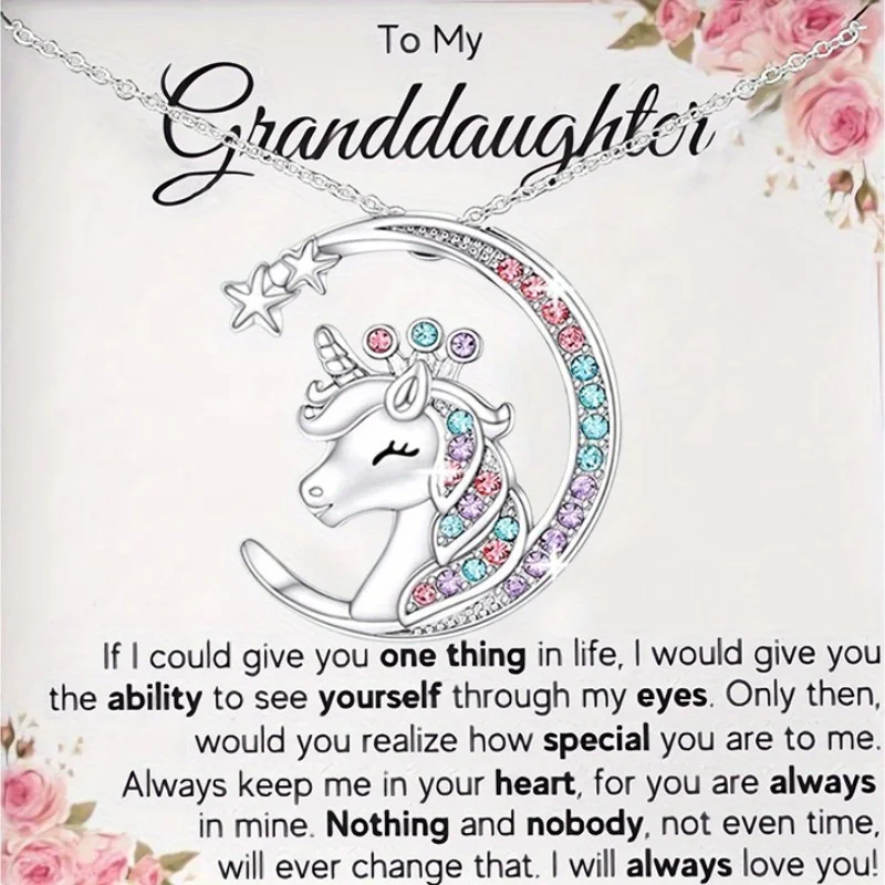 To My Granddaughter, Cubic Zirconia Decor Animal Unicorn Pendant Necklace & Card Jewelry Accessories Birthday Gifts Niche Style