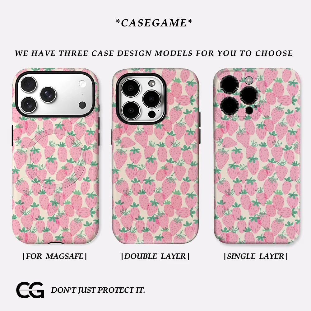 Pink Strawberry Flood IPhone17 Phone Case for 16 15 14 Plus 13 12 72 Pro Max Shockproof Double Layer Back Cover