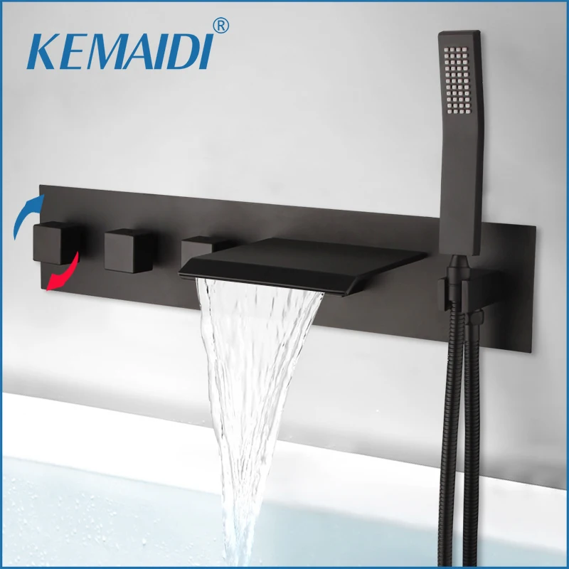 

KEMAIDI Black Waterfall Shower Faucets Mixers Bathroom Basin Mixer Wall Mounted Bathtub Pull Out Taps Bath Shower Systerm