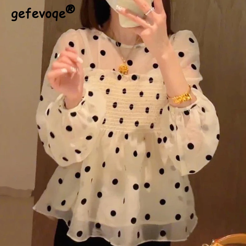 Women\'s Clothing 2023 Ruffle Polka Dot Print Sweet Kawaii Blouse Spring Summer Trendy Long Sleeve Chic Shirt Female O Neck Tops