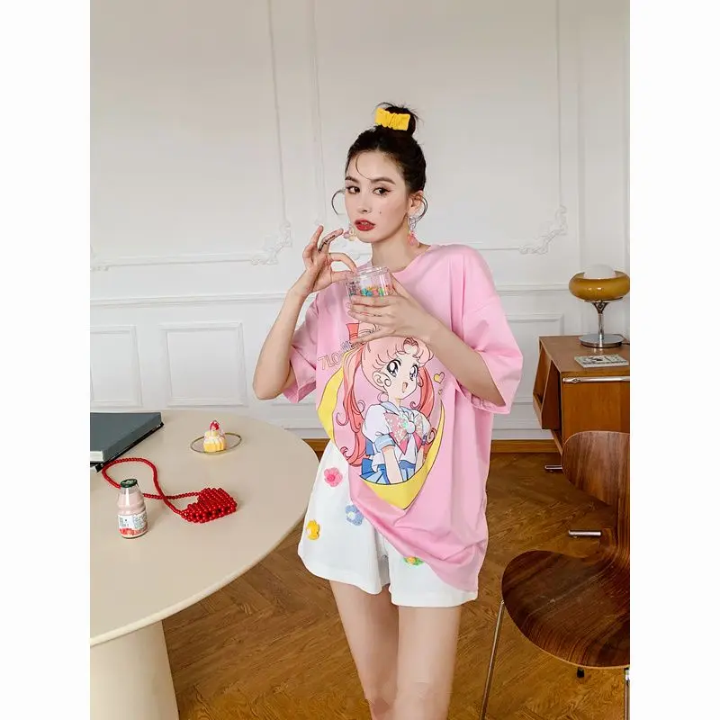 

Summer Playful and Cute Girl Printed Moon Pure Cotton T-shirt Short-sleeved Fashionable American-style Loose Half-sleeve