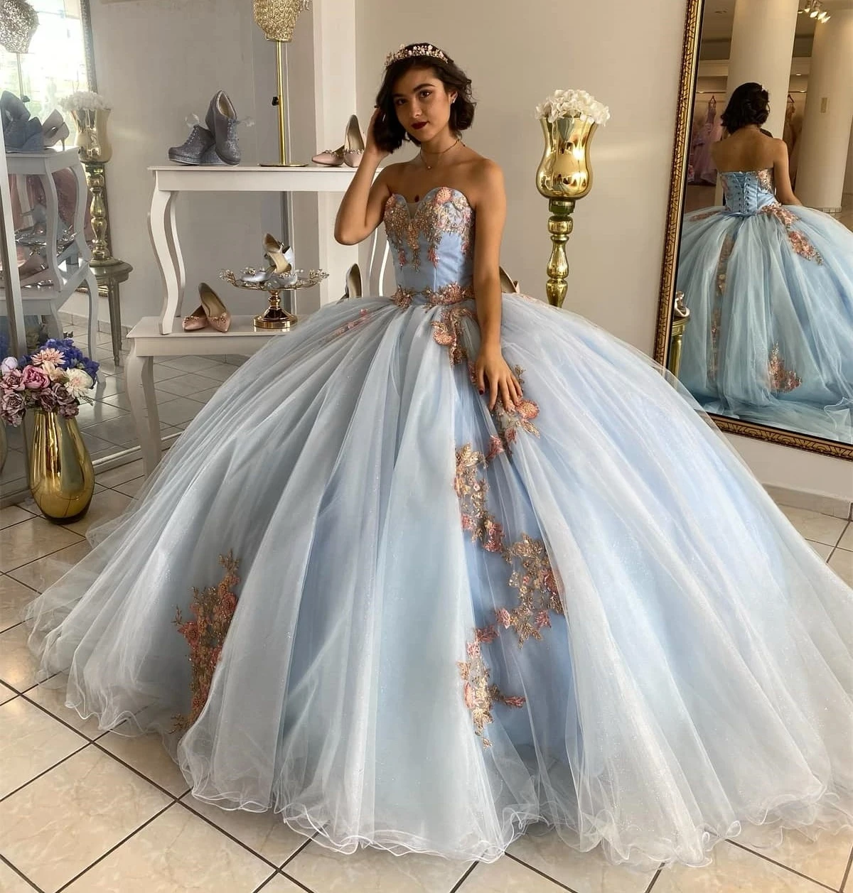 Céu azul Princesa Quinceanera Vestidos, Vestido de baile, Apliques de tule, Renda Doce 16 Vestidos, 15 Anos, Personalizado