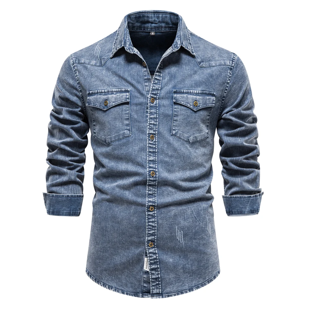 Men Denim Shirt Cotton Solid Color Double Pocket Casual Camisa Hombre Cowboy Shirts High Quality Slim Clothes  Autumn Black Blue