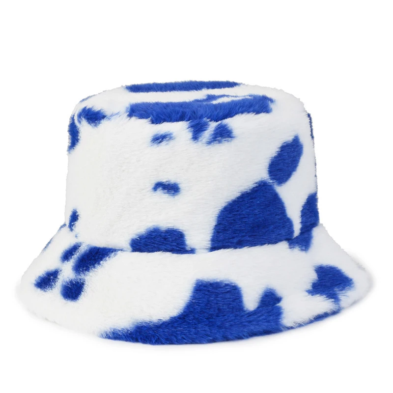 2022 Winter Warm Faux Fur Fluffy Cow Print Bucket Hats Women Outdoor Ski Hat Soft Velvet Furry Fisherman Cap Girl Fashion Panama