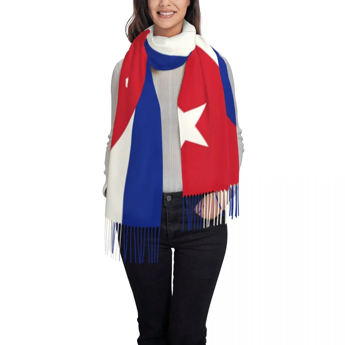 Flag Of Cuba Tassel Scarf Women Soft Cuban Patriotic Shawls Wraps Female Winter Scarves