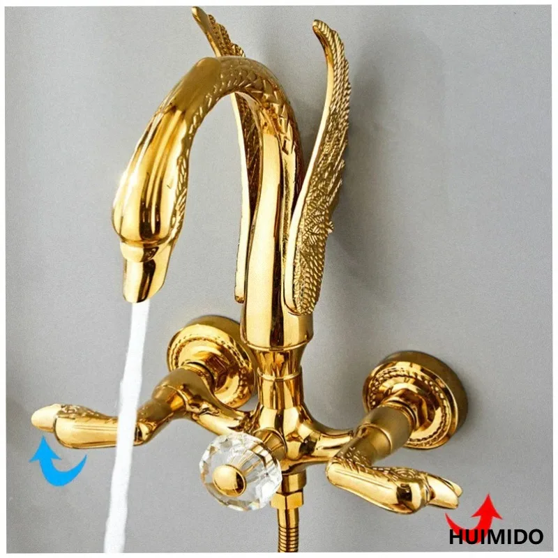 Bathroom Shower Faucet Set Gold Swan Bathroom Rainfall Shower Mixer Tap Polished Gold Brass Bath and Shower Faucet Set