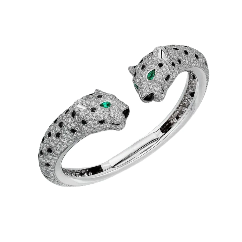 

High Craft 925 Sterling Silver Black Spot Double Leopard Head Cuff Bangle Bracelets Carbon Diamond Stone Luxury Panther Jewelry