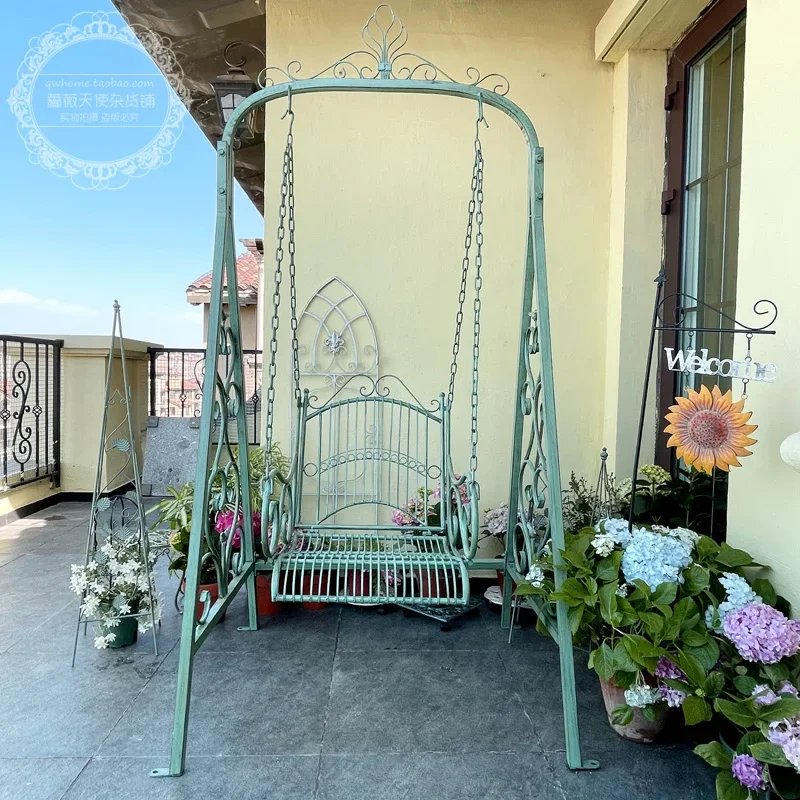 

American Country Vintage Wrought Iron Outdoor Swing Chair Lift Garden Balcony Terrace Indoor Courtyard Single Double Hanging Bas