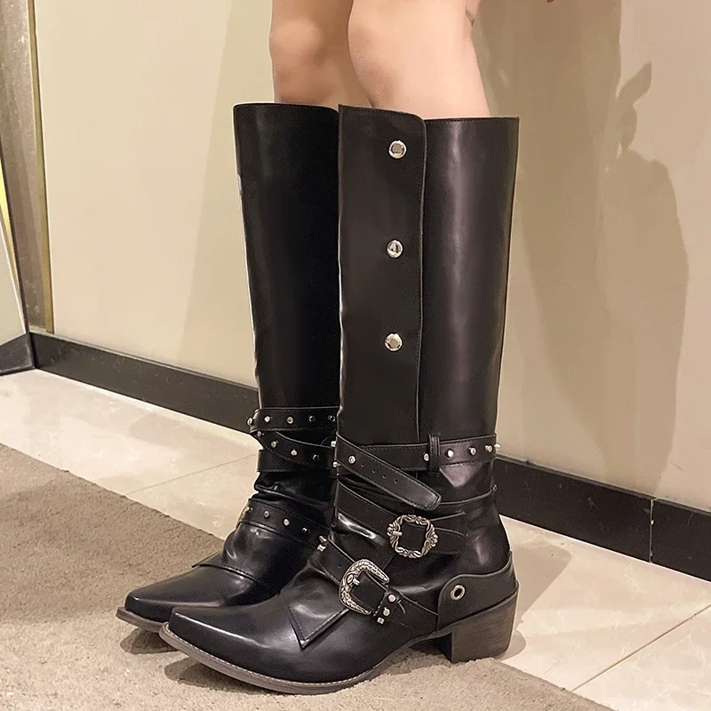 

Women's Single Boots Spring and Autumn New Mid-heel Pointed Button Leather Boots Fashion Temperament Show Chelsea Shoes