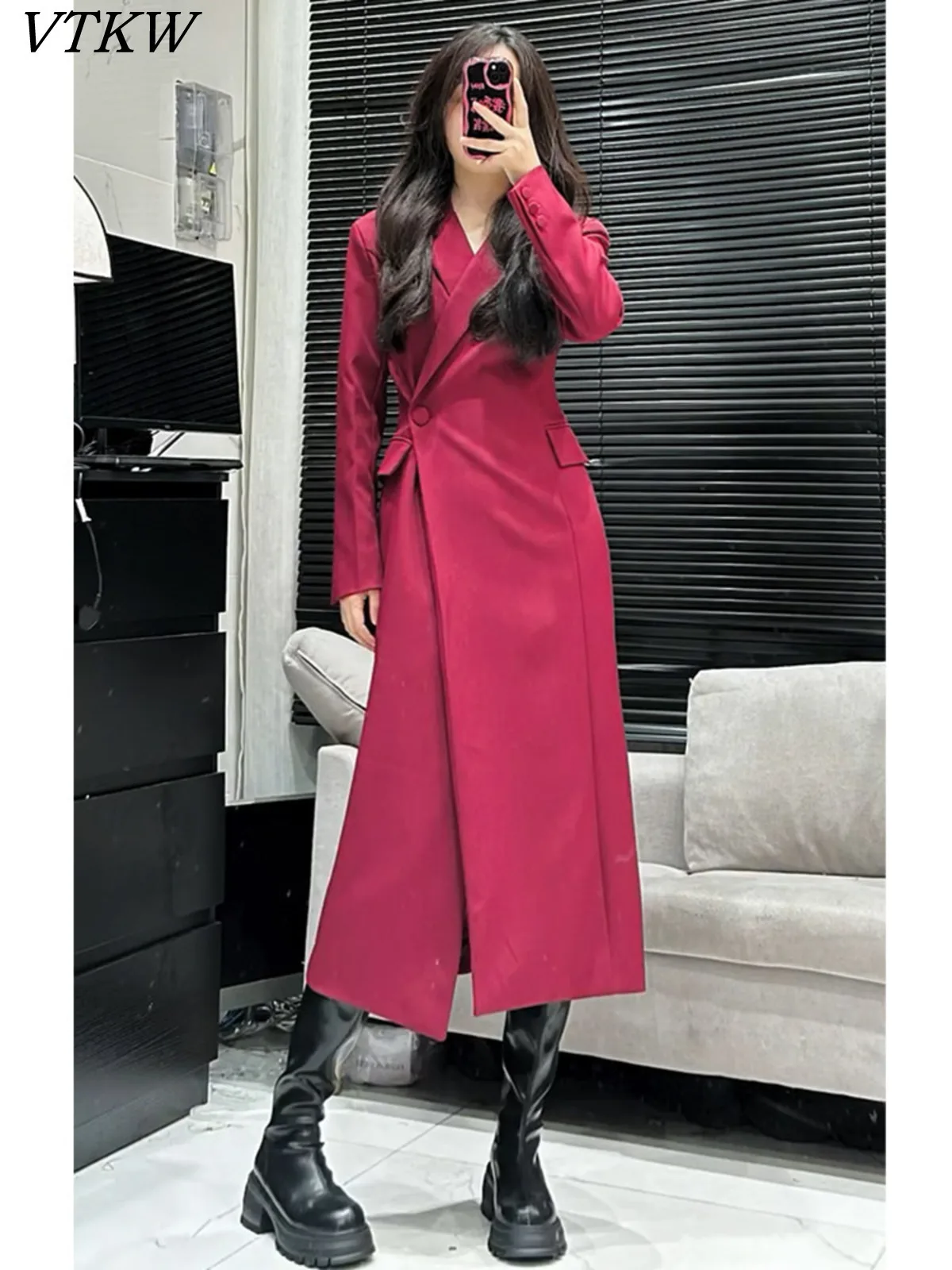 

VTKW 2026 Spring Summer Women Elegant One Button Long Sleeve Maxi Blazer Dress Slim Fit Office to Party Chic Premium Design