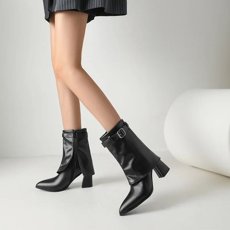 Women Pointed Toe Ankle Boots Metal Buckle High Heels Leather Short Boots Side Zipper Foldover Booties Autumn Winter Shoes