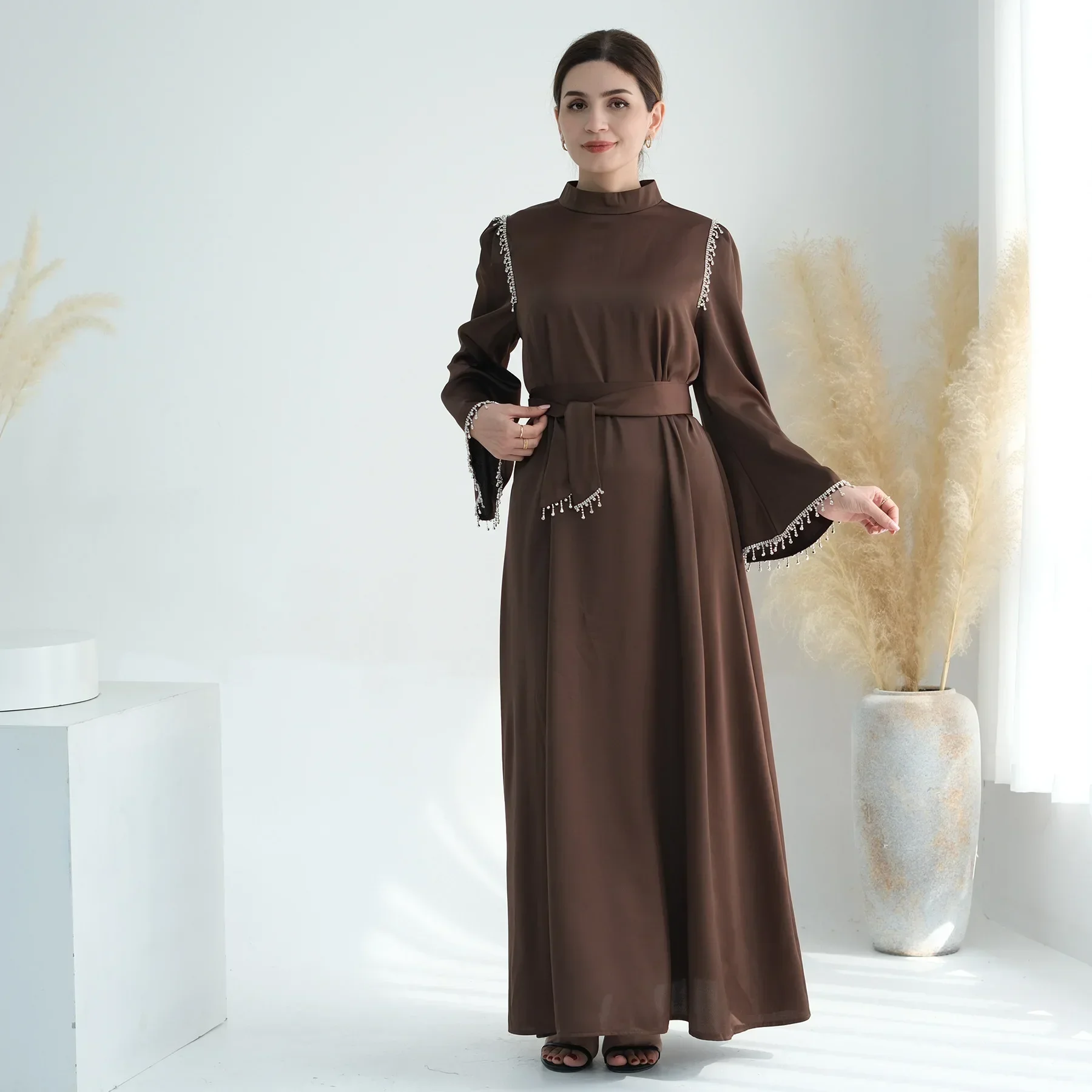 Moda muçulmana feminina vestido de cetim islâmico hijab árabe saudita frisado abaya dubai luxo turquia eid mubarak verão vestidos turcos