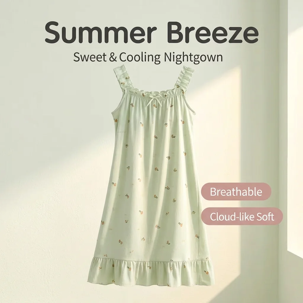Nightdress Women Light Green Fruit Print Built In Padding Ruffle Trim Summer Sleepwear Soft Comfy Lounge Nightgown Cozy Gift