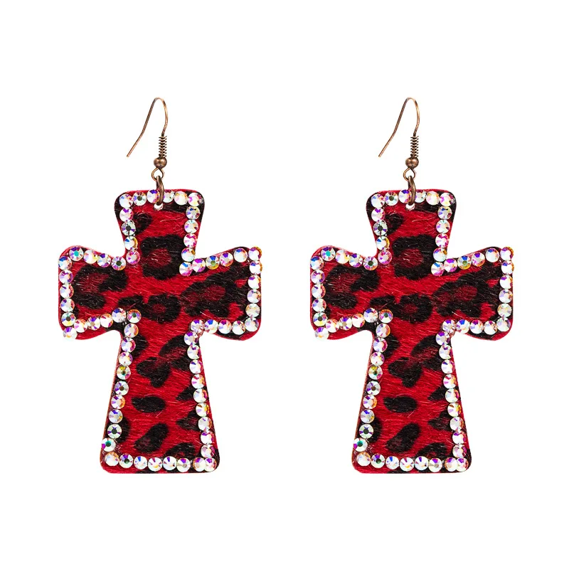 Exaggerated Cross Shaped Double-sided Printed Leopard Print Earrings Genuine Leather Vintage Ins Earrings Leopard Print Earrings